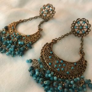 Teal and gold dangle earrings